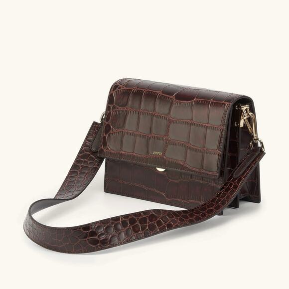 JW Pei Mini Flap Crossbody Burgundy Brown Croc Gold Hardware Vegan Leather Bag - Picture 1 of 16
